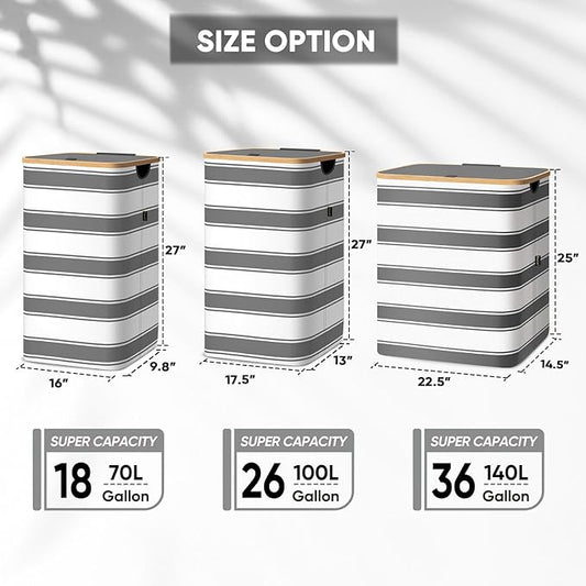 BALEINE Laundry Hamper with Lid, Tall Laundry Baskets with Bamboo Pull Handles, Large Laundry Bin with Internal Support (36 Gal/140L, Grey Stripe)