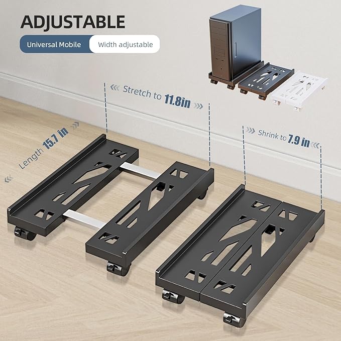 Adjustable Mobile CPU Stand, Ventilated Computer Tower Stand with 4 Caster Wheels Fits Most PC Tower, Under Desk CPU Holder PC Floor Cart Computer Riser for Students and Gamers (Gray)