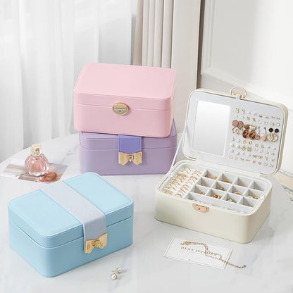 Lolalet 2 Layer Jewelry Box with Lock and Key for Teen Girls & Young Women, Jewelry Organizer Case with Round Clasp and Mirror for Earrings Rings Necklaces Storage, Gift Idea -Cloud White