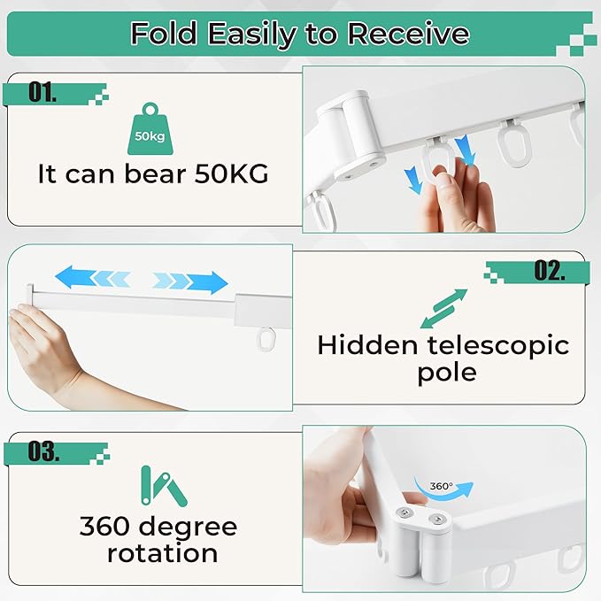 Wall Mounted Drying Rack,Foldable and Rotatable Clothes Drying Rack, Triple Folding Hanger Saves Space,Suitable for Cloakroom,Balcony, Bathroom,The Maximum Load Bearing 50kg (White)