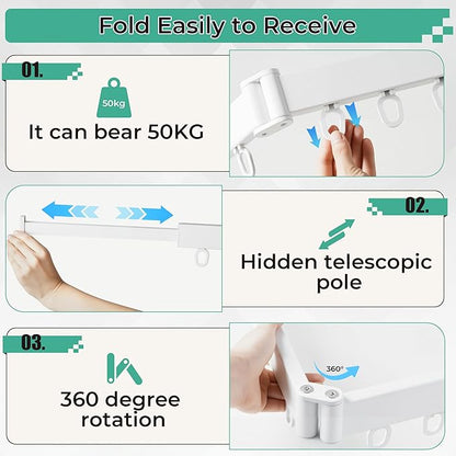 Wall Mounted Drying Rack,Foldable and Rotatable Clothes Drying Rack, Triple Folding Hanger Saves Space,Suitable for Cloakroom,Balcony, Bathroom,The Maximum Load Bearing 50kg (White)