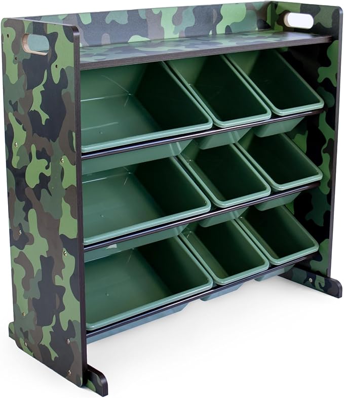 Humble Crew Toy Storage Organizer with Top Shelf and 9 Removable Bins, Camo/Army Green – Toddler Bookshelf with Toy Organizer - Modern Toy Rack Ideal for Kids' Rooms, Playrooms, and Nurseries