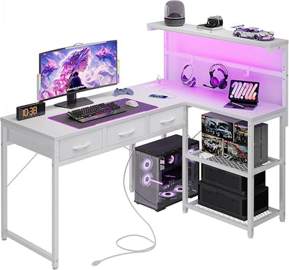 Grandder 50 Inch L Shaped Gaming Desk with 3 Drawers & Storage Shelves & Hutch, Computer Desk with USB Ports, Study Writing Table for Bedroom, Simple Modern Laptop Desk for Home Office, White