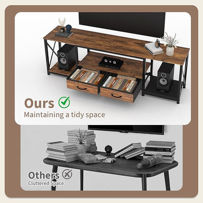 Garvee TV Stand with Fabric Drawers and Power Outlets for 75 70 65 Inch TV, TV Console Table, Entertainment Center with Open Storage Shelves for Living Room, Bedroom, Office, Rustic Brown