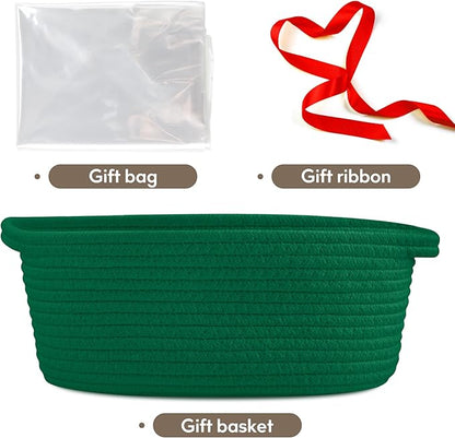 Pro Goleem Small Woven Basket with Gift Bags and Ribbons Durable Baskets for Gifts Empty Small Rope Basket for Storage 12"X 8" X 5" Baby Toy Baskets with Handles, Green