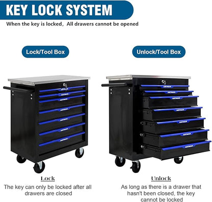 7-Drawer Rolling Tool Chest with Stainless Steel Worktop,Tool Chest with Secure Locking System,Mobile Storage Tool Cabinet with 360°Wheels and Padded Feet,for Home,Garage (Black+Blue)