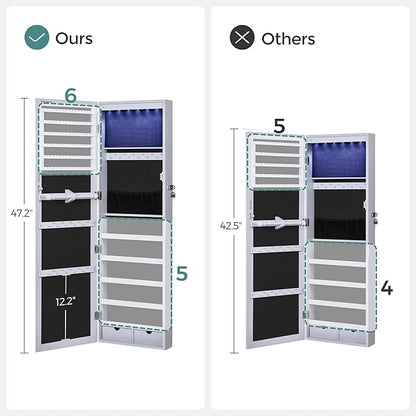 SONGMICS 6 LEDs Mirror Jewelry Cabinet, 47.2-Inch Tall Lockable Wall or Door Mounted Jewelry Armoire Organizer with Mirror, 2 Drawers, 3.9 x 14.6 x 47.2 Inches, Gray UJJC93GY