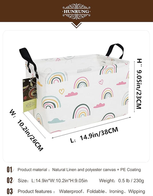HUNRUNG Rectangle Storage Basket Cute Canvas Organizer Bin for Pet/Children Toys, Books, Clothes Perfect for Rooms/Playroom(Rec-Rainbow)