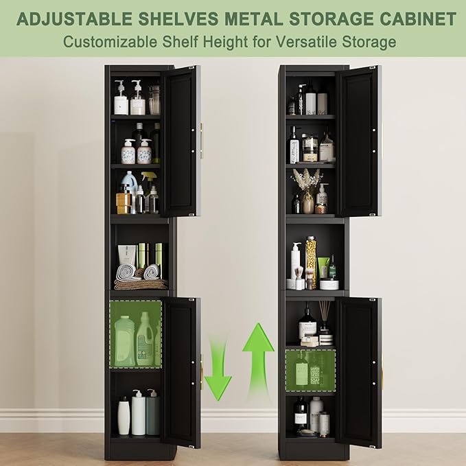 67" Tall Narrow Storage Cabinet Metal Bathroom Cabinet with 2 Doors & 4 Adjustable Shelves, Standing Pantry Cabinets Cupboard for Kitchen, Dining Room, Living Room and Bathroom (Black)