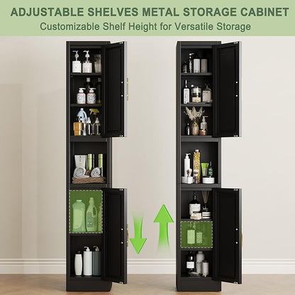 67" Tall Narrow Storage Cabinet Metal Bathroom Cabinet with 2 Doors & 4 Adjustable Shelves, Standing Pantry Cabinets Cupboard for Kitchen, Dining Room, Living Room and Bathroom (Black)