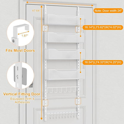 Over the Door Organizer, 2 in 1 Metal Hanging Closet Organizer & Hat Rack with 4 Adjustable Baskets, 8 Hooks, 10 Clips, Behind The Door Storage for Bedroom, Bathroom, Entrance, Closet, Kitchen, White