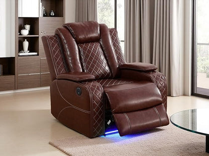 Power Reclining Sofa Set, Leather Recliner, Brown Sectional Power Recliner Living Room Furniture Sets with LED Light, Leather Chair for Living Room Sofa Set for Bedroom/Home/Office