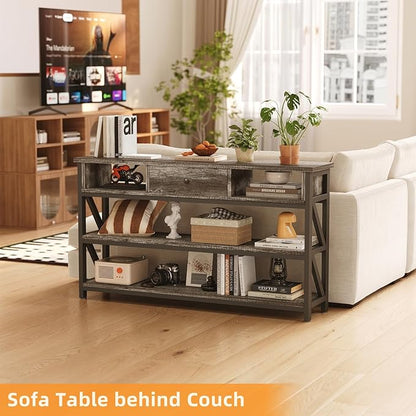 Mexin 47 Inch Console Sofa Table with Drawer, Industrial Entryway Table with Storage Shelves, Storage Organizer for Hallway Living Room Couch Foyer Kitchen Counter, Grey Oak