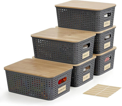 Small Plastic Storage Bins with Bamboo Lids 5.2qt Stackable Box Basket Pantry Decorative Containers Cute with Lable for Organizing Desktop Closet Office Gray of 6 packs 10 * 7.2 * 4.1'’