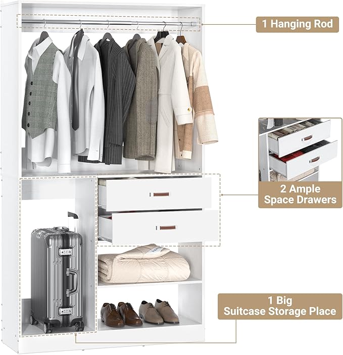 Armocity Freestanding Closet System with Suitcase Storage, 40 Inches Stand-Alone Wardrobe with 2 Wood Drawers, 80'' Height Adjustable Cloth Garment Rack, Walk-in Closet with Hanging Rod, White