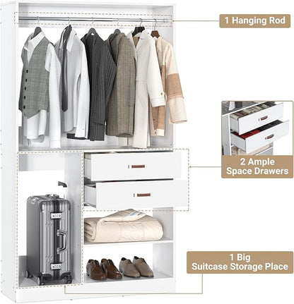 Armocity Freestanding Closet System with Suitcase Storage, 40 Inches Stand-Alone Wardrobe with 2 Wood Drawers, 80'' Height Adjustable Cloth Garment Rack, Walk-in Closet with Hanging Rod, White