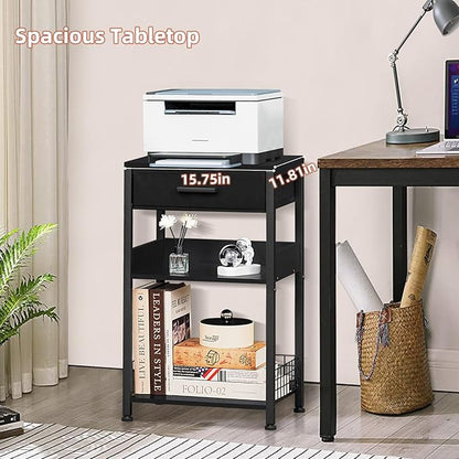 Lerliuo Pure Black Printer Table with Fabric Drawer,3 Tier Industrial Wood Printer Stand with Storage Shelf,Modern Tall End Table,Nightstand,Bed Side Tables for Scanner Fax Home Office Small Spaces