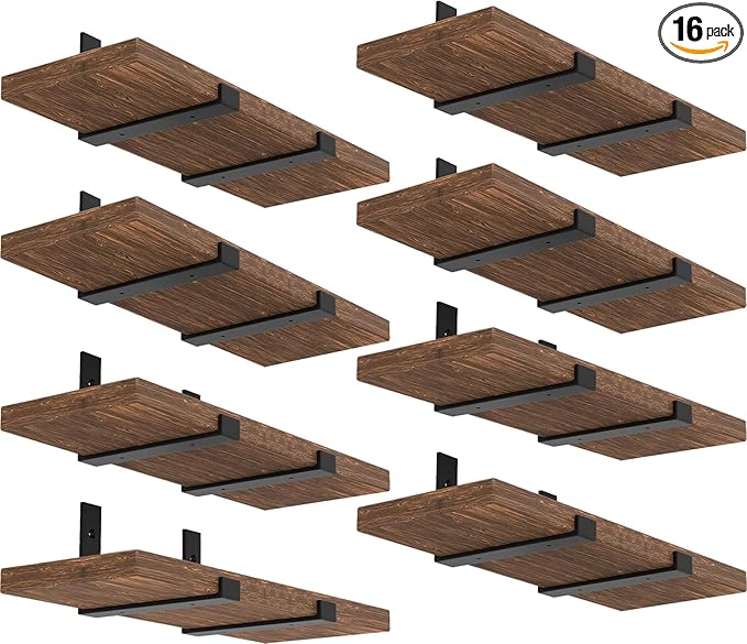 Shelf Bracket, Heavy Duty Floating Shelf Brackets 10-Inch Long, 16-Pack Brackets for Shelves, Black Coated J Shape Metal Wall Shelf Support Brackets with 1/5-Inch Thick and 160 lb. Load Capacity