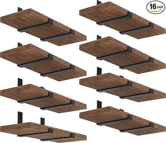 Shelf Bracket, Heavy Duty Floating Shelf Brackets 10-Inch Long, 16-Pack Brackets for Shelves, Black Coated J Shape Metal Wall Shelf Support Brackets with 1/5-Inch Thick and 160 lb. Load Capacity