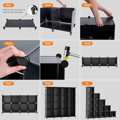 Neprock 16 Cubby Storage Organizer, Closet Clothes Storage Organizer, Cube Shelves Closet Organizers and Storage Shelves for Clothing Storage with Hammer, Bookshelf for Kids（Black）