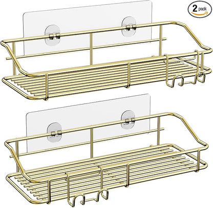 Nieifi Shower Caddy Shelf Storage Rack Adhesive Without Drilling Stainless Steel with Hooks for Washroom, Lavatory, Restroom, Toilet, Bathroom, Kitchen - 2 Pack, Golden