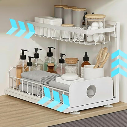 Under Sink Organizer, 1 Pack, 2 Tier Pull Out Sliding Shelf, Adjustable Height, Heavy Duty, Cabinet Organizer for Kitchen Bathroom, Tool-Free Install, White