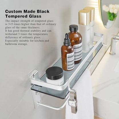 VOLPONE Glass Bathroom Shelf 15.7 in Bathroom Wall Shelf with Towel Holder Tempered Glass Shelf Wall Mount with 2 Removable Hooks Silver（1 Tier）