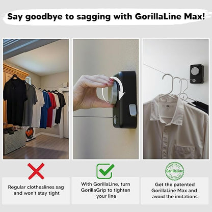 GorillaLine Max – Retractable Clothesline Indoor Outdoor, Non-Sagging Heavy Duty Clothes Drying Line, Wall Mounted Drying Rack, Air Dry Clothing, Max Tighten with GorillaGrip