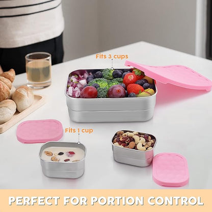 Stainless Steel Lunch Box for Kids | Leak Proof 304 Stainless Steel Snack Containers with Silicone Lids - Perfect Metal Food Containers Set for Kids and Toddlers (25oz+8oz*2)