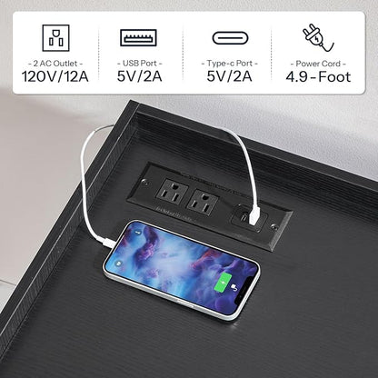 HOOBRO Lateral File Cabinet, Wooden Office Storage Drawers with Charging Station, Filing Cabinet for Home Office, A4/Letter/Legal-Sized Files, Printer Stand with Open Storage Spaces, Black BB37UWJ01