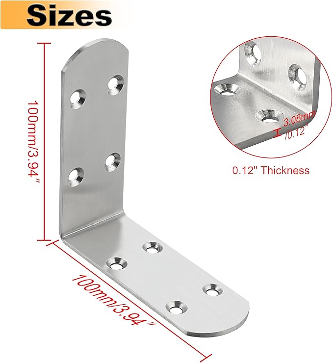 Alise 4Pcs Shelf Brackets,Stainless Steel Floating Shelf Brackets Corner Brackets,L Brackets for Shelves,90 Degree Angle Bracket, Heavy Duty Shelf Brackets for Wood Furniture (Brushed, 3.94X3.94 in)