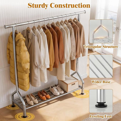 EAGMAK Sturdy Clothing Racks for Hanging Clothes – Metal Clothes Rack with Shelf, Portable Garment Rack for Closet Storage, Laundry Drying & Small Space Clothes Organization, Silver