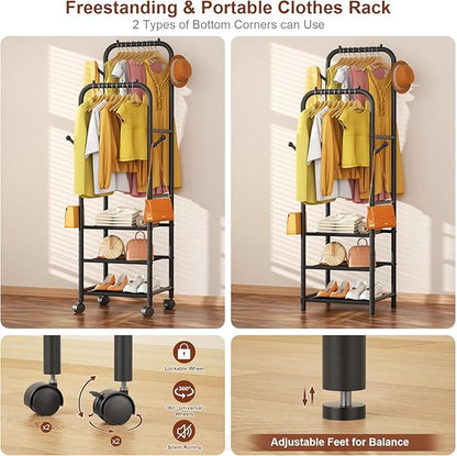 Furologee Rolling Clothing Racks for Hanging Clothes, Double Rods Clothes Rack With Wheels, Sturdy Coat Racks,Portable Metal Garment Rack for Bedroom Laundry Living Room, Black