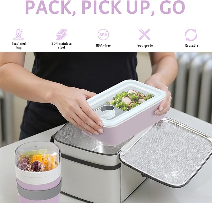 Stainless Steel Bento Lunch Box Set for Adult - 42oz Leak-Proof Bento Lunch Box Container with Thermo, Insulated Bag for Work Travel Dining Out