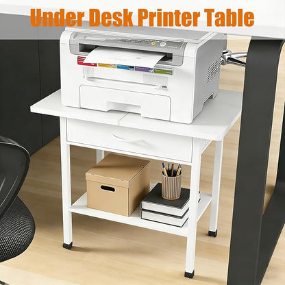 Large 22" x 15" Under Desk Printer Stand, 2-Tier Shelf Printer Table with Stronge Fabric Drawer and Wheels,Rolling Cart for Home Office Fits 3D Printer Scanner (White)