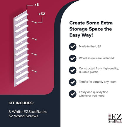 Made in USA EZStudRack Adjustable Shelf Brackets, 8-Pack (4 Pairs) – Easy-to-Adjust One-Row Storage for Custom-Fit Shelves – Your Items, Your Wood, You Supply It
