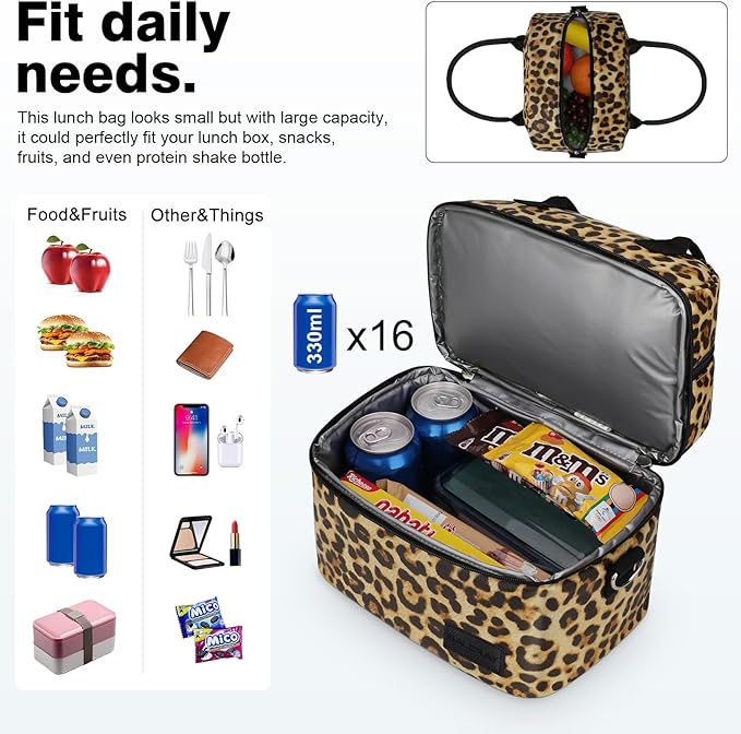 BALORAY Lunch Bag for Women Men, Double Deck Lunch Box for Adults, PU Leather Lunch Tote Bag Insulated Lunch Bags with Strap for Work Office Picnic (leopard with strap)
