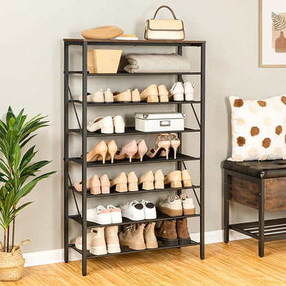 8-Tier Shoe Rack, Large Capacity Shoe Shelf, Shoe Organizer for Entryway, 28-32 Pairs of Shoes, Stable Sturdy, Tall Shoe Rack with Adjustable Metal Mesh Shelves, Rustic Brown SRHR1801Z