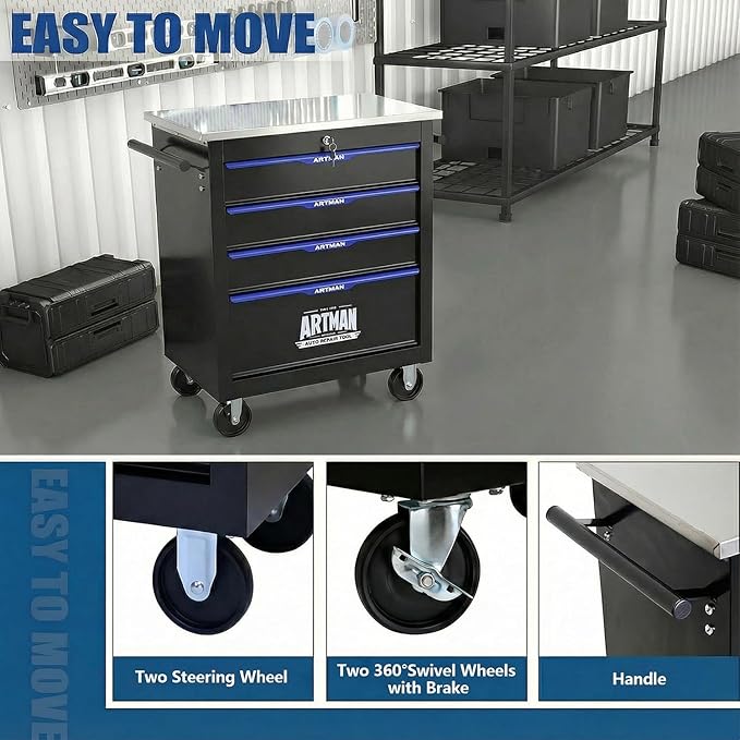 4-Drawer Rolling Tool Chest with Stainless Steel Countertop,Tool Chest with Secure Locking System,Mobile Storage Tool Cabinet with 360°Wheels and Padded Feet,for Home, Garage (Black+Blue)
