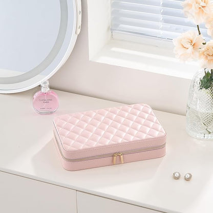 Lolalet Travel Jewelry Case for Women Girls, Travel Jewelry Organizer Box with Mirror & Clear Storage Bag, Small Portable Earring Necklace Bracelet Ring Case, Birthday Valentine Gifts -Large, Pink