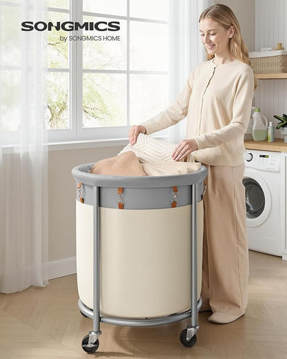 SONGMICS 50.2-Gallon (190 L) Laundry Basket with Wheels, Rolling Round Heavy-Duty Laundry Hamper Cart with Steel Frame and Removable Bag, 2 Locking Wheels, Dove Gray and Cream White URLS001GD02