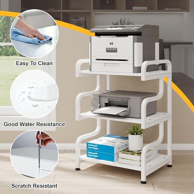 Natwind 3-Tier Printer Stand with Wheels Movable Storage Cart Floor-Standing Multi-Purpose Shelf Rack for Media Player Scanner Files Books Microwave Oven in Kitchen Living Room Home Office (White)