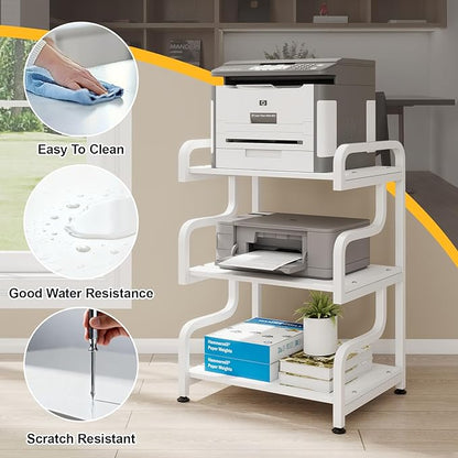 Natwind 3-Tier Printer Stand with Wheels Movable Storage Cart Floor-Standing Multi-Purpose Shelf Rack for Media Player Scanner Files Books Microwave Oven in Kitchen Living Room Home Office (White)