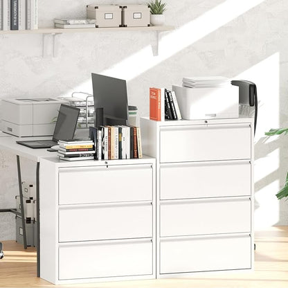 Greenvelly 4 Drawer File Cabinet, Lateral Filing Cabinet for Home Office, White Metal File Cabinet with Lock, Lockable Lateral File Cabinet with Hanging Files&Key for Letter/Legal/F4/A4
