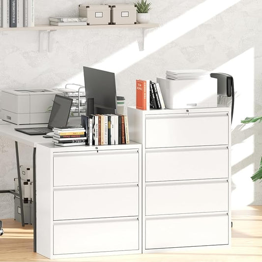 Greenvelly 4 Drawer File Cabinet, Lateral Filing Cabinet for Home Office, White Metal File Cabinet with Lock, Lockable Lateral File Cabinet with Hanging Files&Key for Letter/Legal/F4/A4