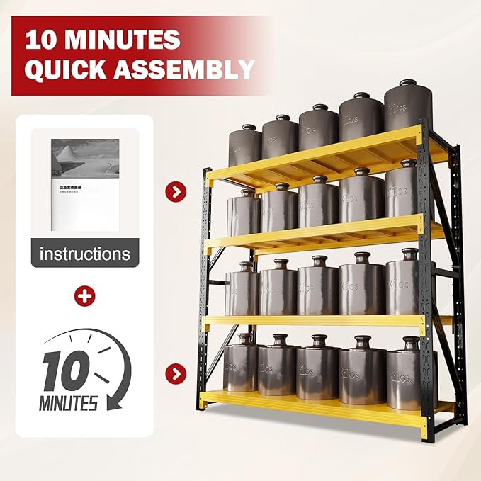 4000lbs Garage Shelving Heavy Duty, 4-Tier Metal Adjustable Garage Shelves, Storage Shelves for Warehouse, Pantry, Basement, 47.3" W X 20" D X 79" H (Black+Yellow, 47.3x20x79)