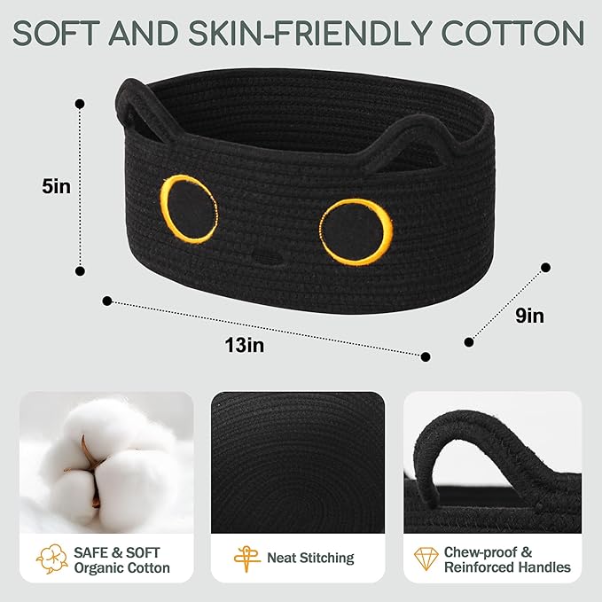 Black Cat Toy Basket, Small Woven Cat Toy Storage Box with Cute Ears Handle Indoor, Cotton Rope Storage Bin with Embroidered Face for Halloween Decor, Pet Bed, Nursery Kids Room Organization