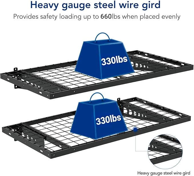FLEXIMOUNTS 2 Pack 2x4ft Garage Storage with 4 Hooks 24x48 inch Bike Wall Shelving Rack, 660lbs Total Weight Capacity, Black, Pro Series