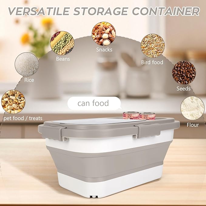 Dog Food Storage Container 10-13lb, Collapsible Pet Food Container with Airtight Lid, Plastic Cat Food Containers Dry Food with Dog Food Scoop and Measuring Cup (Khaki)