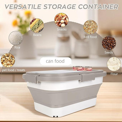 Dog Food Storage Container 10-13lb, Collapsible Pet Food Container with Airtight Lid, Plastic Cat Food Containers Dry Food with Dog Food Scoop and Measuring Cup (Khaki)